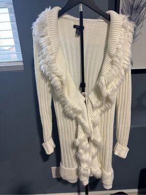 Alfani Women's Cream Ribbed Cardigan with Faux-Fur Trim